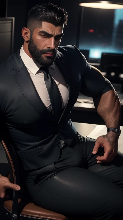 Front open Office suit and showing hairy chest close up focus indian perfect wetty big hairy monster wetty bulge in pant, wetty spot on pant, masterpiece