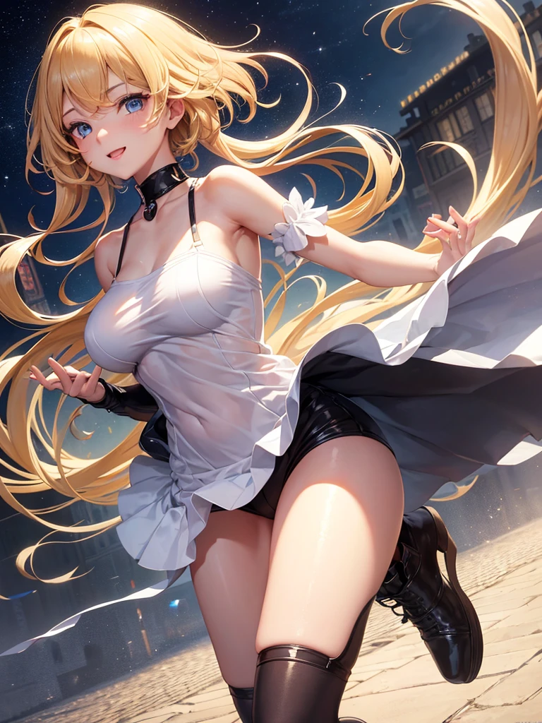 a handsome girl, solo,
blonde long hair, twintails, bangs, yellow eyes, bright eyes,
white corset dress, garter rings, white tights,
expressionless,
perfect lighting, best angle,
masterpiece, best quality, extremely detailed face, extremely detailed