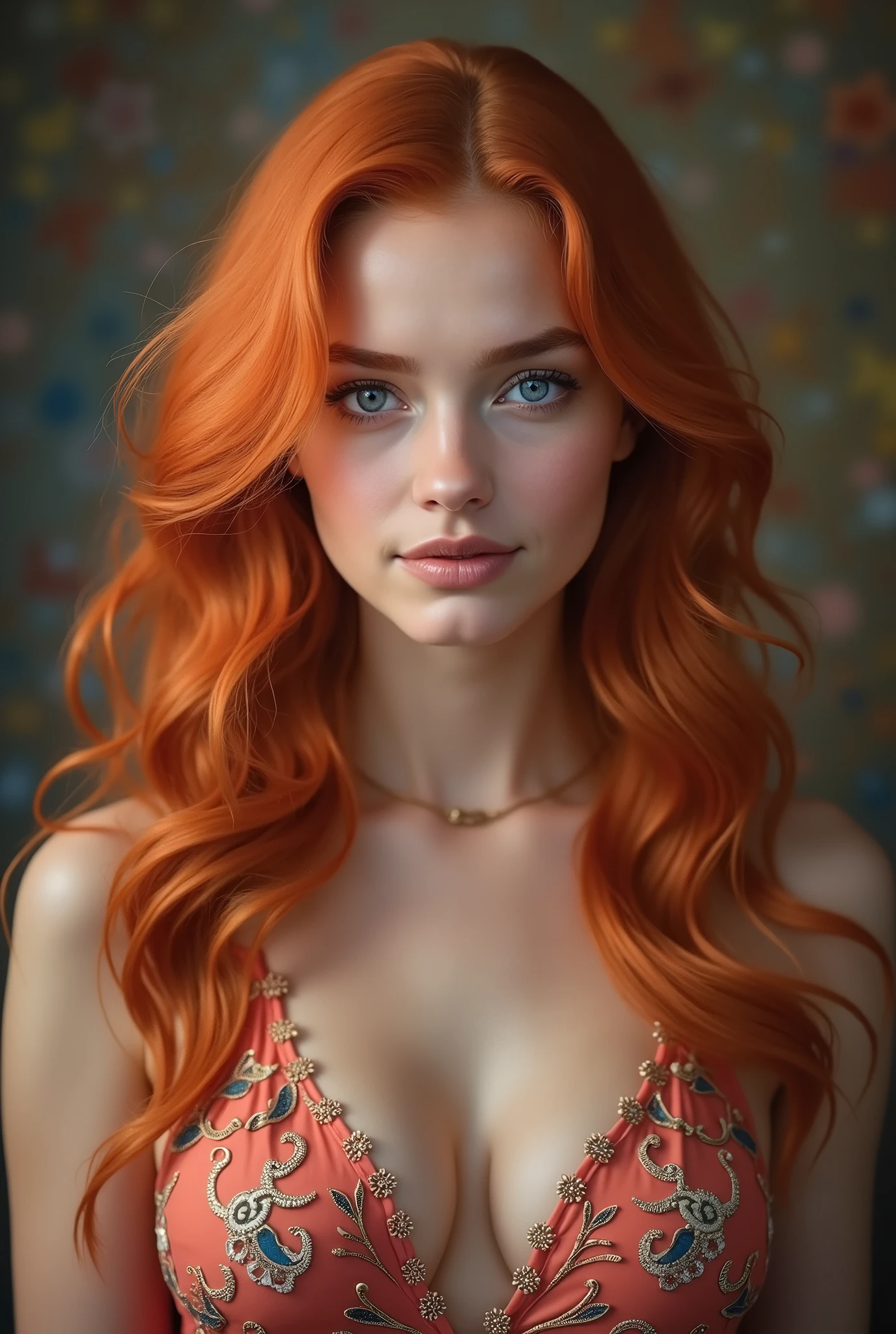 good quality, best quality, photo-realistic, realistic, ultra realistic 8k, ultradetailed, High resolution, ​masterpiece, 1 girl, 22 years old,  long red hair, bangs, bright blue eyes, detailed face and eyes, Intricate detailing, detailed texture, delicate detailed, kurzes Latex-Top, Jewelry around the neck, medium breasts, muscled midriff, tanned legs