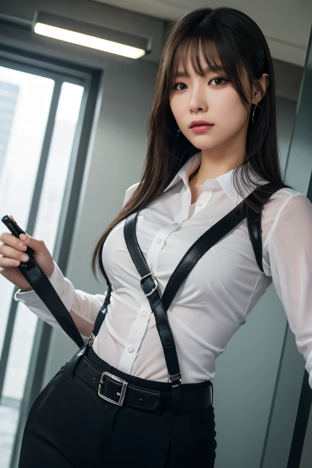 a woman in a suit, belt, hands behind back, sweating, suspenders, black pants, sexly, large breasts, see-through clothing, rain, detective, office worker, white button-up shirt, (best quality,4K,8k,highres,masterpiece:1.2),ultra-detailed,(realistic,photorealistic,photo-realistic:1.37),hyper-detailed,highly detailed face and body, Slender thin suspenders Moderate breasts See-through shirt Nipples holster chain Pistol Armament criminal Female criminal knife