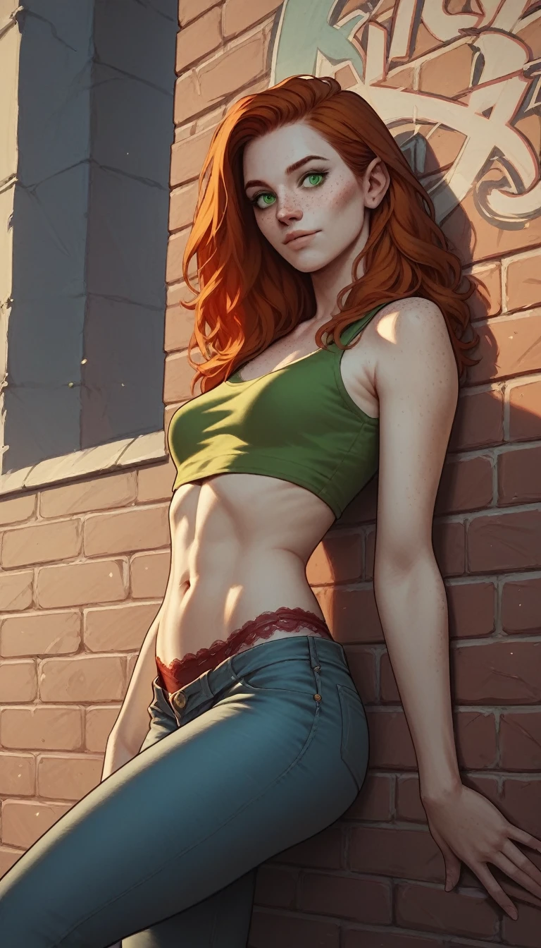 score_9, score_8_up, score_7_up, score_6_up, score_5_up, score_4_up, A cute girl, irish features, thin redhead, round face, olive green eyes, freckles, small breasts, pale skin, high-waisted jeans, cropped top, posing casually against a graffiti-covered brick wall, red lace panties, (line art, comic art style)