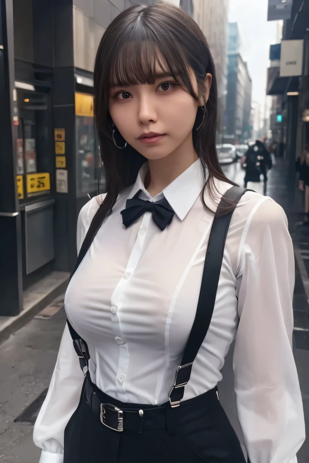 a woman in a suit, belt, hands behind back, sweating, suspenders, black pants, sexly, large breasts, see-through clothing, rain, detective, office worker, white button-up shirt, (best quality,4K,8k,highres,masterpiece:1.2),ultra-detailed,(realistic,photorealistic,photo-realistic:1.37),hyper-detailed,highly detailed face and body, Slender　thin　suspenders　Moderate breasts　See-through shirt　Nipples　holster　chain　Pistol　Armament　criminal　Female criminal　knife 　 Hands Behind Back　Constraints
