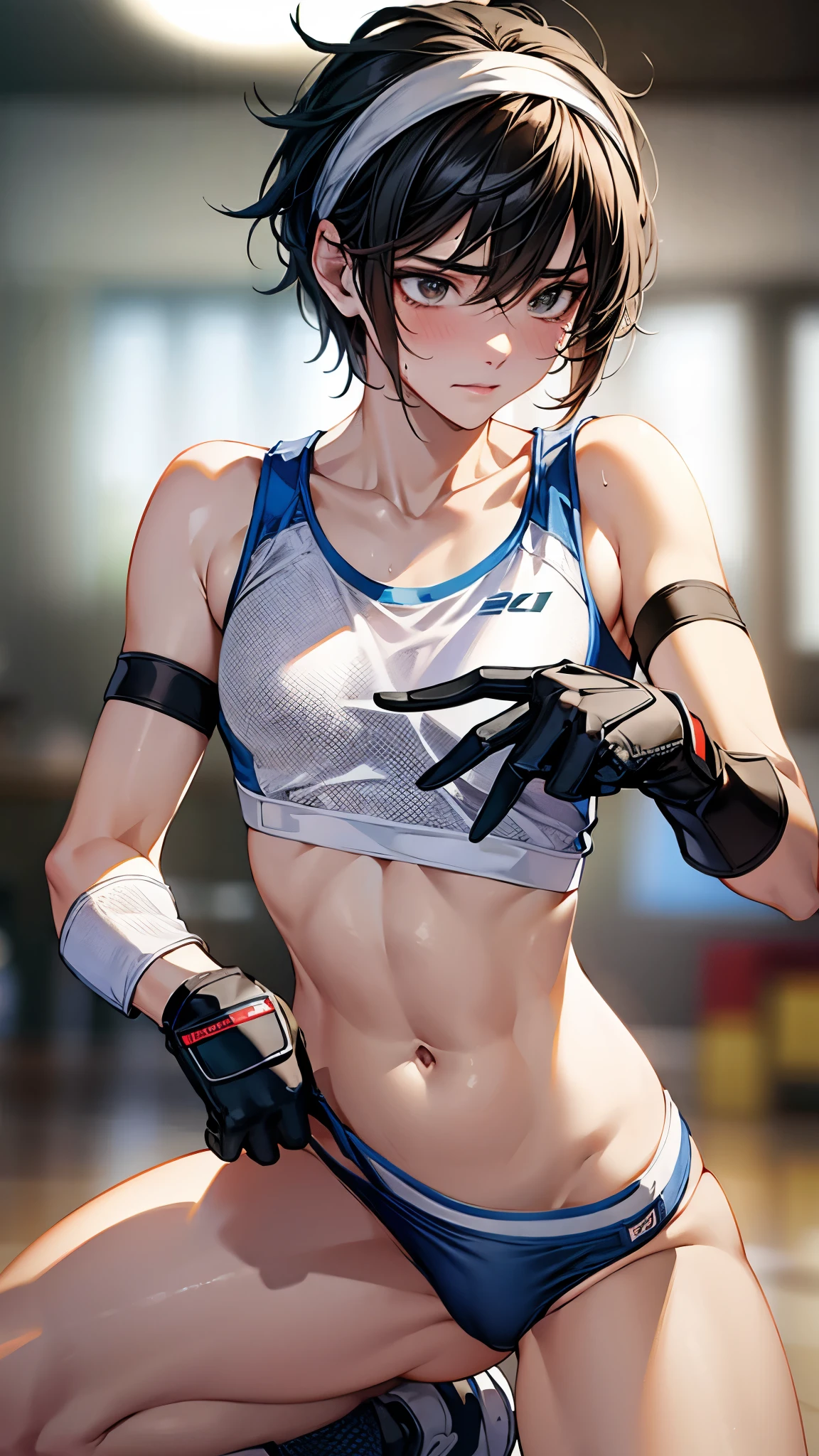 (masterpiece, best quality: 1.2), cowboy shot, solo, 1girl, kazama asuka, muscular female, looking at the spectator, tense clothes, sports bra, crop top, shorts, (gloves: 1.1), belt, elbow pads, midriff, squatting with arms up, armpit