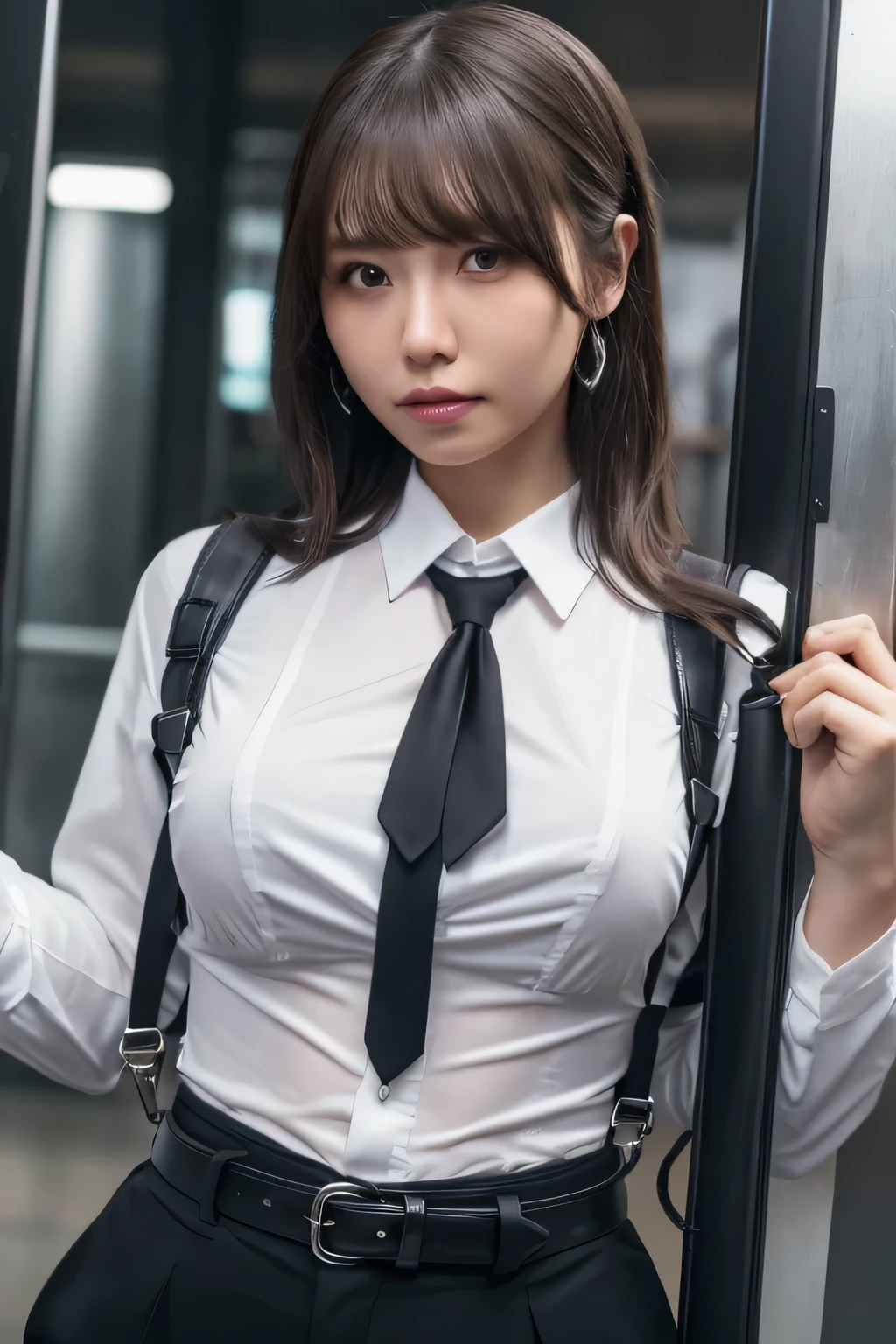 a woman in a suit, belt, hands behind back, sweating, suspenders, black pants, large breasts, see-through clothing, rain, detective, office worker, white button-up shirt, (best quality,4K,8k,highres,masterpiece:1.2),ultra-detailed,(realistic,photorealistic,photo-realistic:1.37),hyper-detailed,highly detailed face and body, Slender　thin　suspenders　Moderate breasts　See-through shirt　Nipples　holster　chain　Pistol　Armament　criminal　Female criminal　knife 　 Hands Behind Back　Constraints
程よい胸