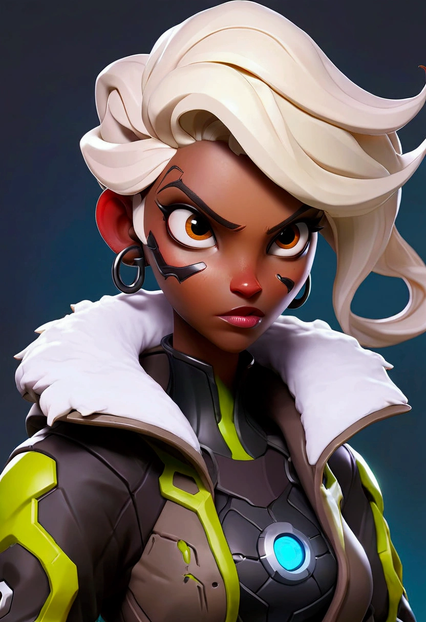 black girl, Blond head, costs, frowning <lora:nuclearpunk-style-darquelilly-v1:1> nuclearpunk,