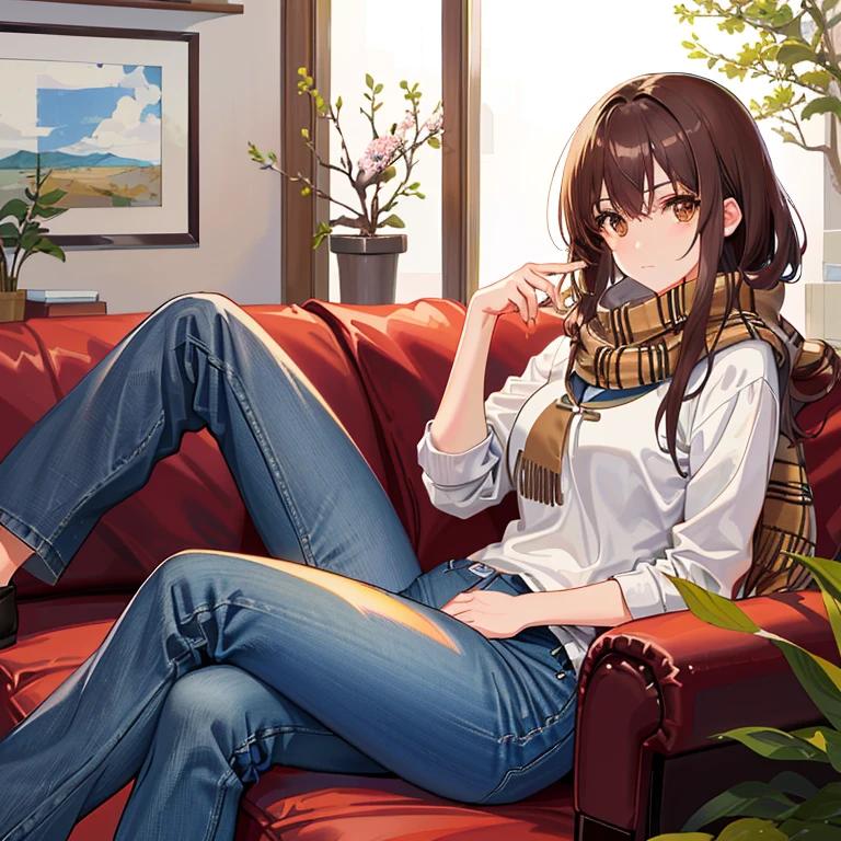 bell, Japanese cartoon, brown hair, Medium breasts, Brown eyes, A faint smile, jeans, scarf, gray sweatshirt, Blue pants, sitting, Cross-legged, Wisdom inside, sitting on the couch, Shino Asada&#39;s face, Japanese cartoon Sword Art Online, best quality