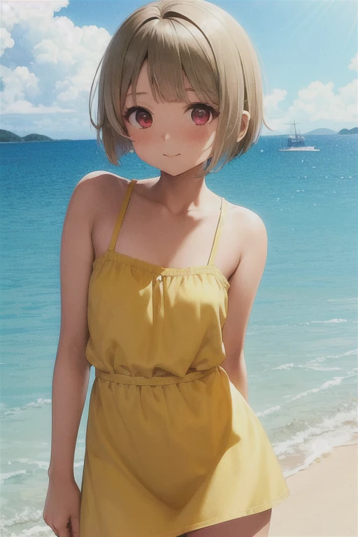 Tanned hair，Bobcut，short hair，ワンレングスBobcut，Asymmetrical Hairstyles，Long left hair，Red Eye，nakasu kasumi，Yellow camisole dress，Strong winds，Panty shot，Blushing face