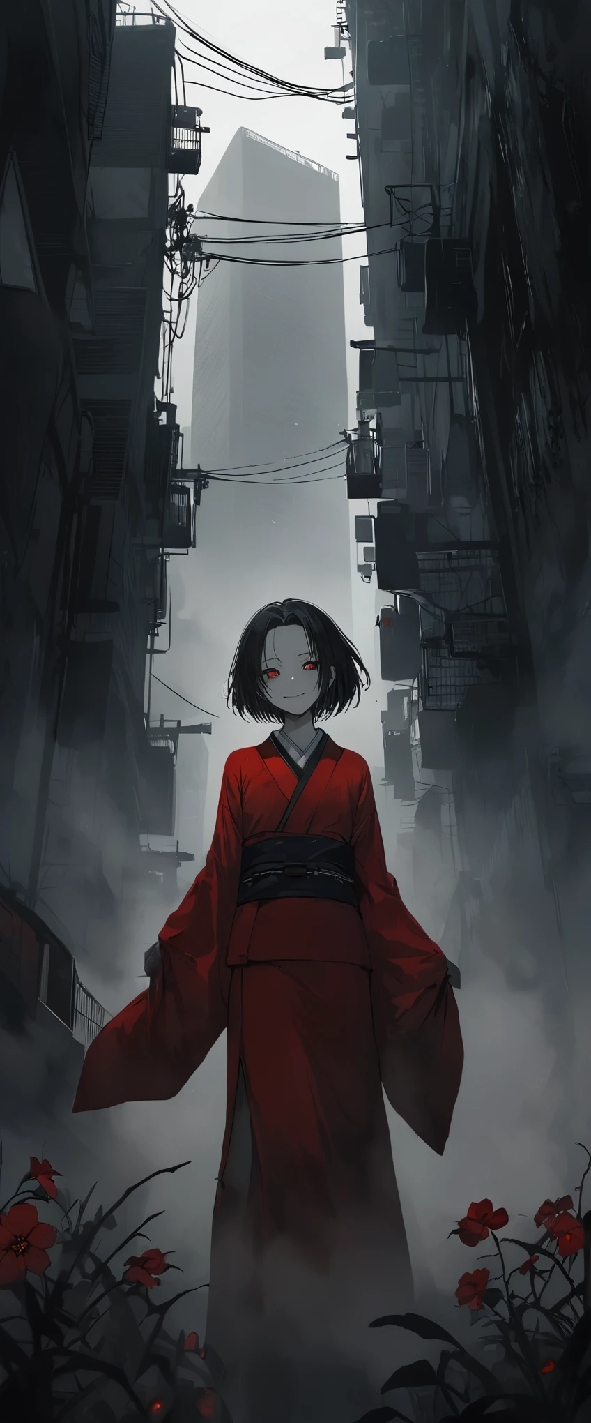 Red silk kimono。In the fogの美しさ,In the fog。Black belt。smile。Black short hair。amount,Foggy Sky。 Looking towards the audience。Beautiful red eyes。。Dead skin。alone。darkness。Spooky atmosphere。Japan。City of Concrete。Dark atmosphere without light。night。Red flower,Chiaroscuro,Skyscraper。