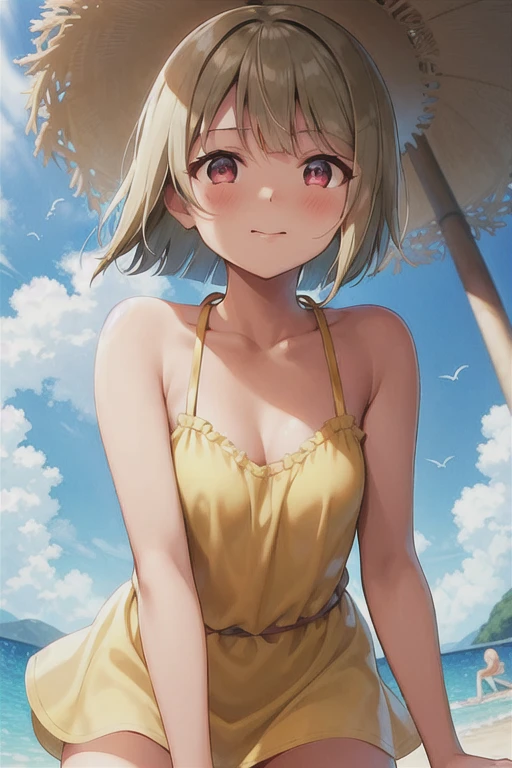 Tanned hair，Bobcut，short hair，ワンレングスBobcut，Asymmetrical Hairstyles，Long left hair，Red Eye，nakasu kasumi，Yellow camisole dress，Strong winds，Panty shot，Blushing face