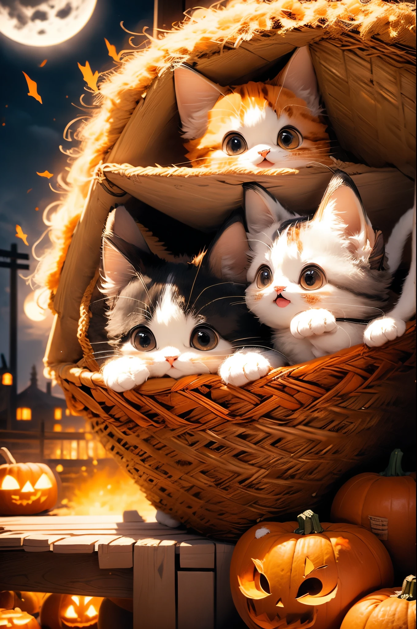 Two cats, cute, Big eyes, Fluffy fur, Orange Cat, Hanging above a basket of pumpkins, Anime Style, unreal engine 4k, Advanced Details, Amazing photo, composition, 4K, Halloween Night, moonlight, Moon in the background