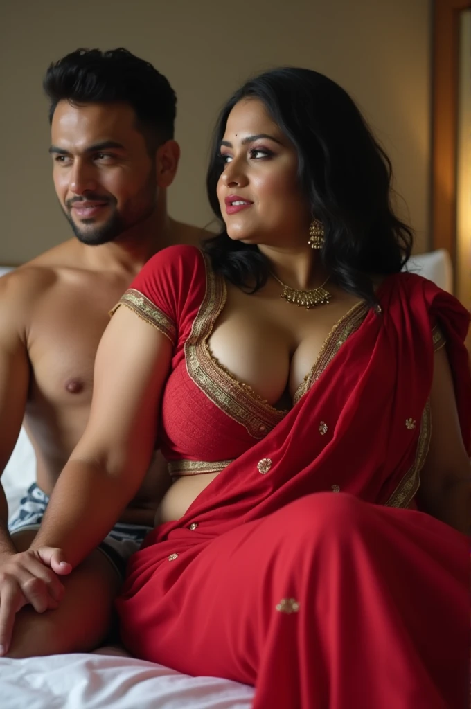 German woman, curvy hourglass body, wearing black sarong, muscular hindu pandit, kissing on bed