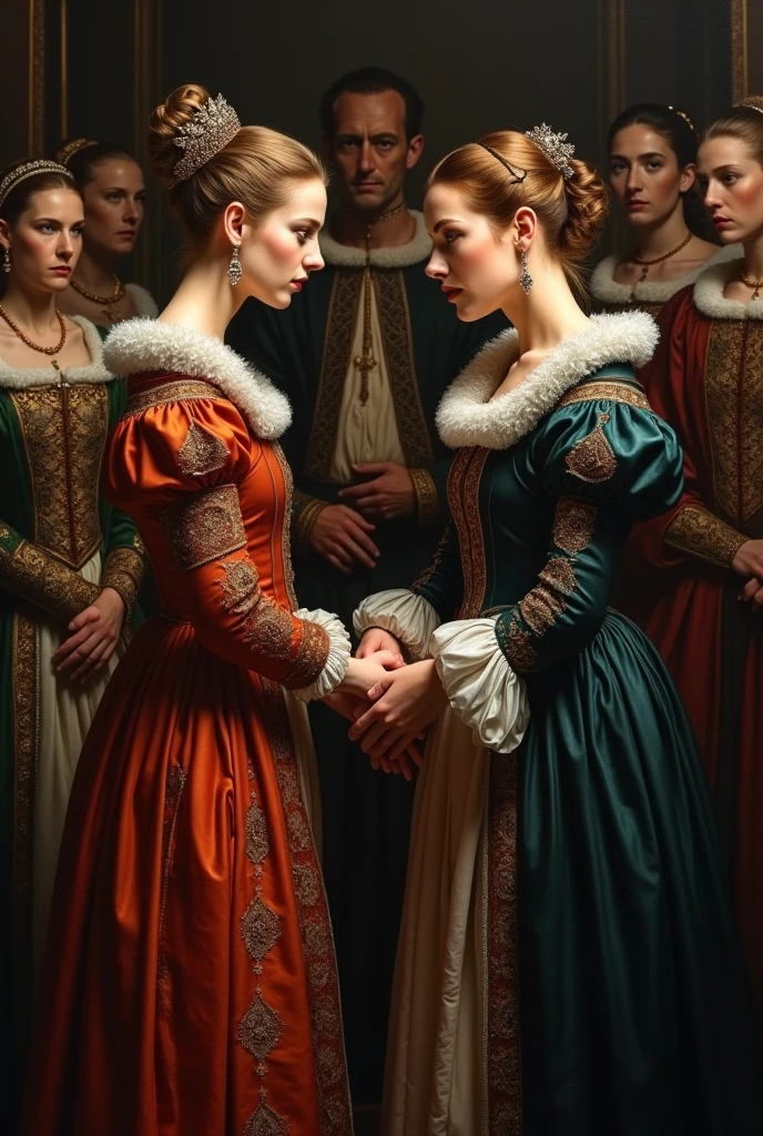 Create an image of a woman telling a woman a man "wait and listen to me" In Medieval style