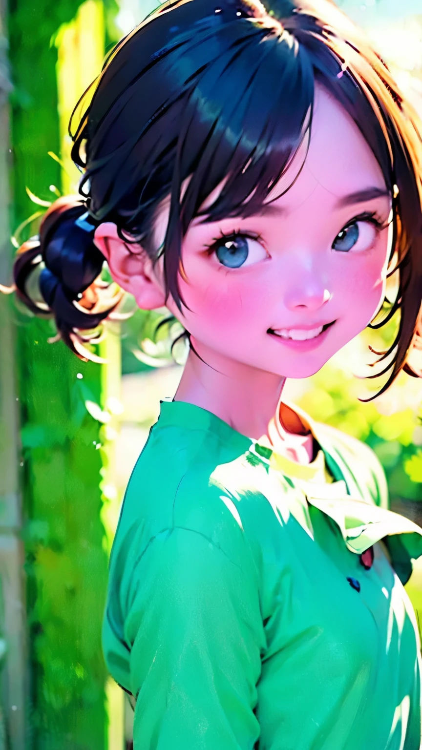 Watercolor,Little ピンクのVネックのシャツと白いショートパンツを着た漫画の若い女の子, Show your teeth and smile big, Big and pretty eyes, Cute Digital Painting, Cute digital art, Beautiful and detailed digital art, cute portrait, Cartoon Art Style, Very cute and stylish black haired girl, Cute realistic portrait, Cute cartoon style, (((Little))) Beautiful art, Realistic and cute girls