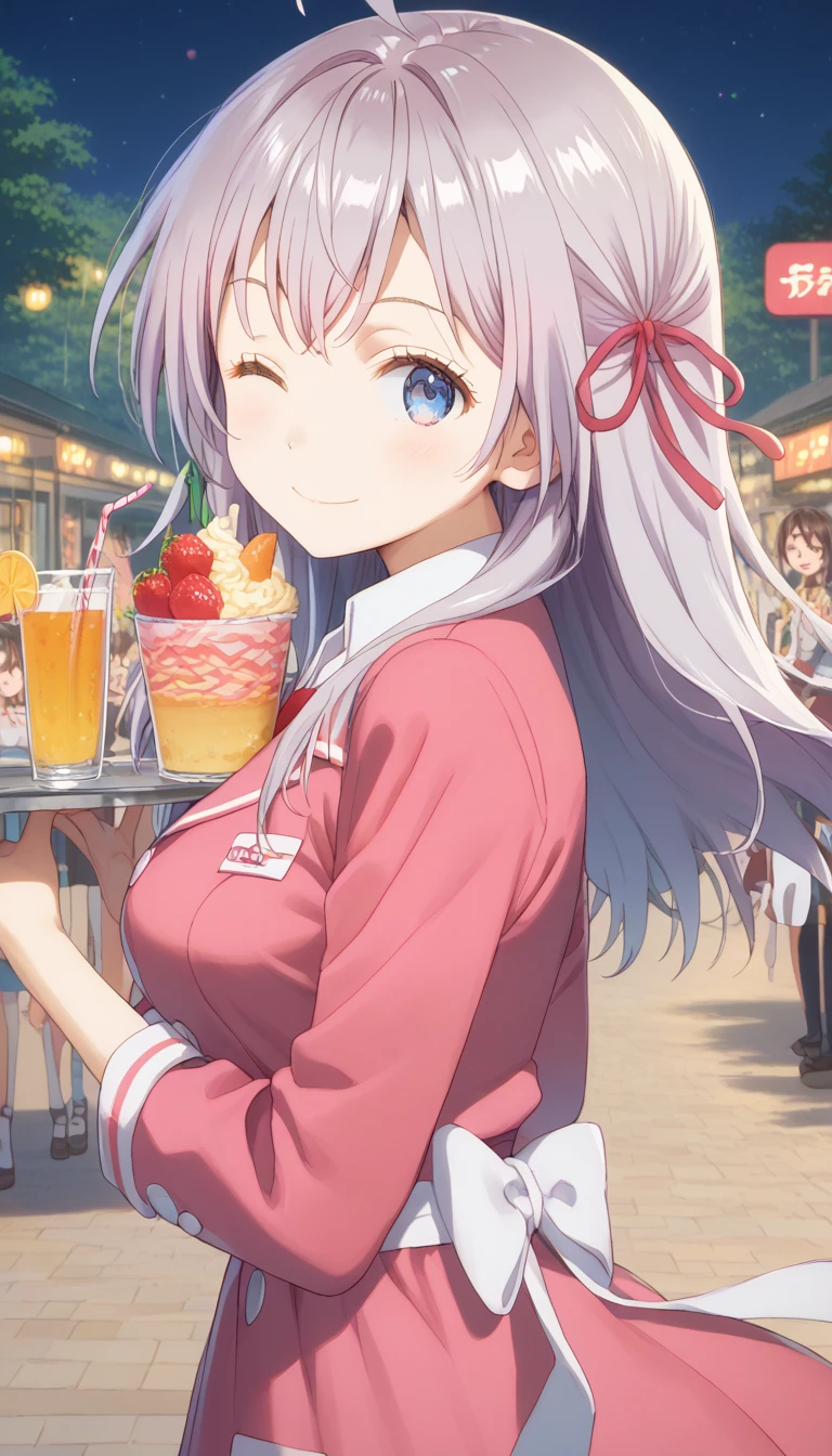 A cheerful smiling female waitress carrying a large parfait with a colorful gradient,Surprisingly large parfait,tray,Brown Hair,Wink,A cafe decorated,Fancy space,celebration,cracker,firework,spark,ウェイトレスユニフォーム,Wink, score_9, score_8_up, score_7_up, source_アニメ, masterpiece, absurdres, medium breasts ,perfect face, 1girl, cute expression, smiling, looking at viewer, standing, arched back, alisamikhailovna, Alisa Mikhailovna Kujou, long hair, bangs, Blue eyes, ahoge, gray hair, red ribbon,