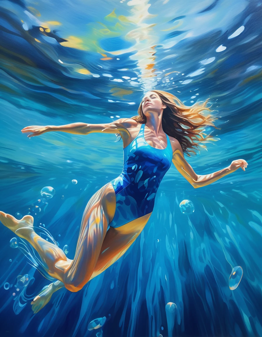 Abstract painting. Impressionist, (full body) Arms outstretched Long shot, shot of a woman underwater swimming toward the ocean surface. light beam, swimming underwater, long flowing hair, blue one-piece swimsuit, no visible accessories, prone pose, body parallel to the surface, facing away from camera, smooth skin, clear blue water, bubbles, abstract reflections, outdoor environment, watery patterns and light play, tranquil and calming atmosphere, front view, vibrant colors, gentle light diffusion, painterly style, Impressionist, no motion blur, soft depth of field, focused subject. acrylic on canvas, Isabel emrich style

