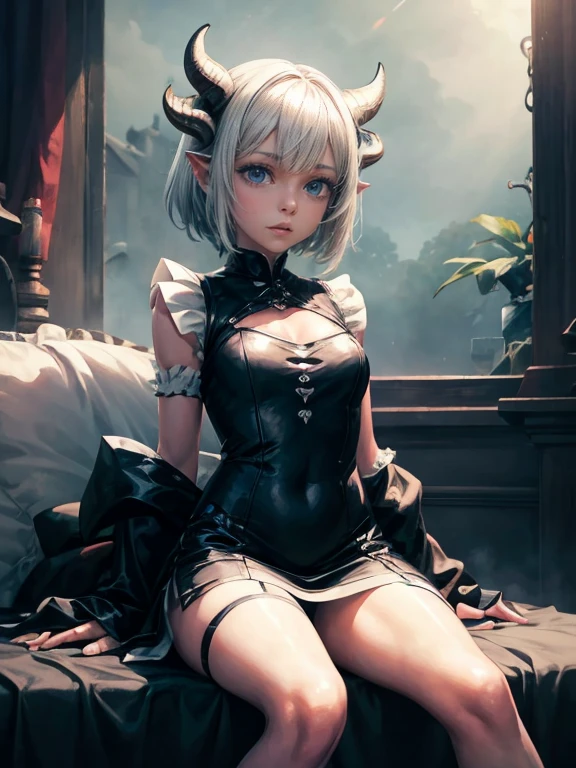 jeune fille, ram's horns, sitting in front of a window, Legs up, Cheveux courts, Realstic, Steampunk décor