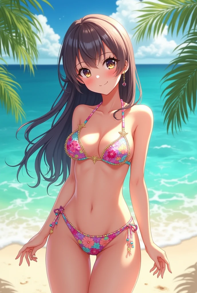 masterpiece, Best Quality, One girl, (a beauty girl, delicate girl:1.3), (:1.3), Very fine eye definition, big breast,(Symmetrical eyes:1.3), (lush park), (dress with white and pink floral pattern:1.3), small breasts, Brown eyes, Parted bangs, Brown hair, petit girl, (eyes and faces with detailed:1.0),  smile,cute white (((white jelly micro bikini))) girl,