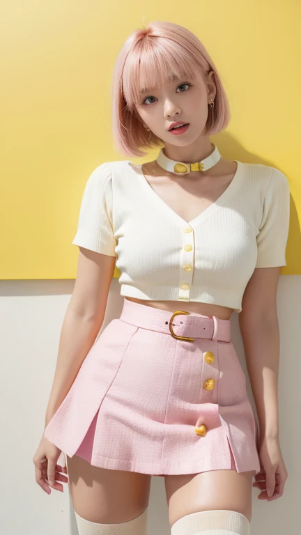 (8k, RAW Photos, Highest quality, masterpiece: 1.2), Very detailed, Super Resolution, (Genuine, Genuine photos: 1.37),  mini skirt，White blouse，yellow collar，Yellow tie，Yellow tube top，((Dark pink bob))，Yellow pink half&Half-collar skirt，Yellow waist belt, Red knee-high socks with white polka dots，Absolute territory，A little thick，Thighs，