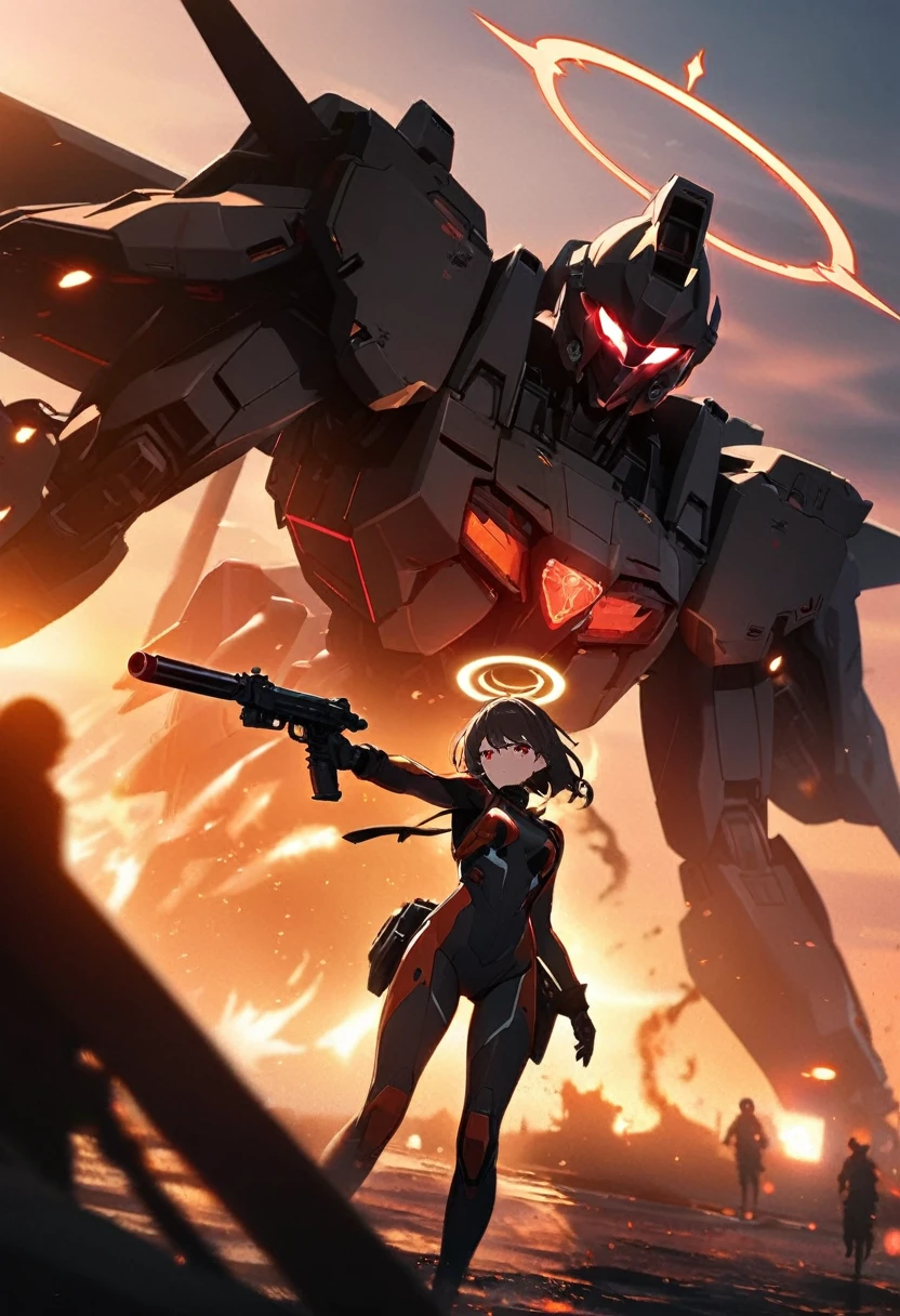 (visual impact:1.2,extremely detailed face),(light flare:1.2),(black mask:1.2),(light reflection),1girl,dark mecha suit, minimalism,minimalism, gun,masterpieces, top quality, best quality, official art, beautiful and aesthetic, animation,red eyes,halo,wings,neon lights,warship, cowboy shot, fighting, sunset, flames of war,In the middle of the battlefield at dusk, there were many dead bodies around,emiter,particles effect around the foreground, cinematic,Cg,light effect,detailed pattern