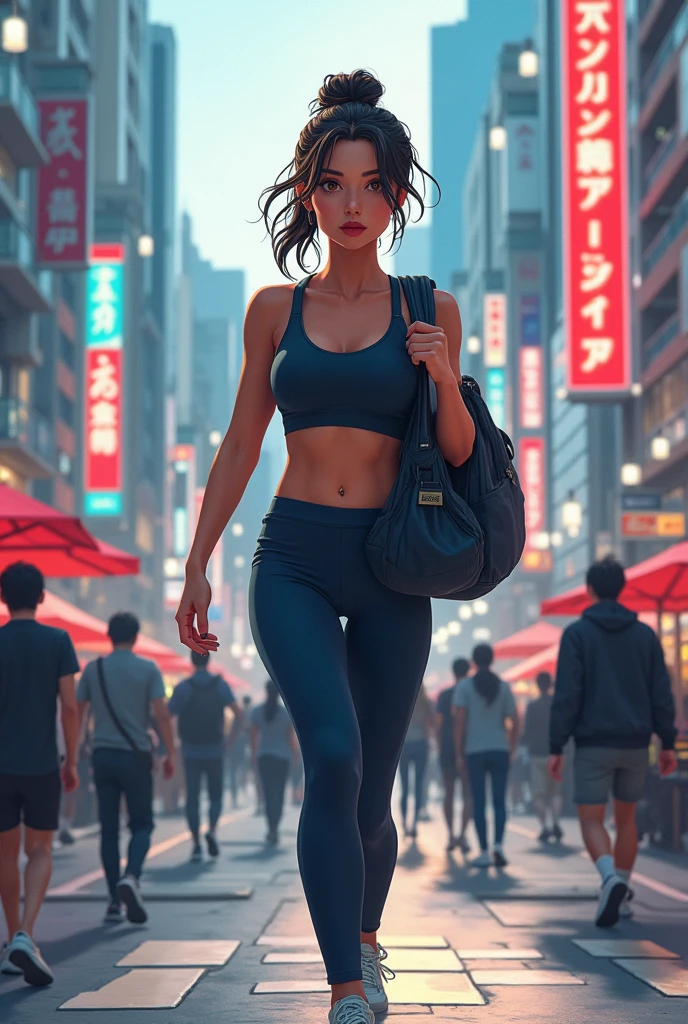 1girl, crop top, legging, abs, short hair, run, rain, run in the rain, street, details, high quality, best quality, Masterpiece