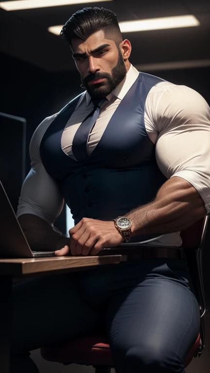 Super Professor with a burly body, high, good looking and with a briefcase, showing a blackboard to his university students