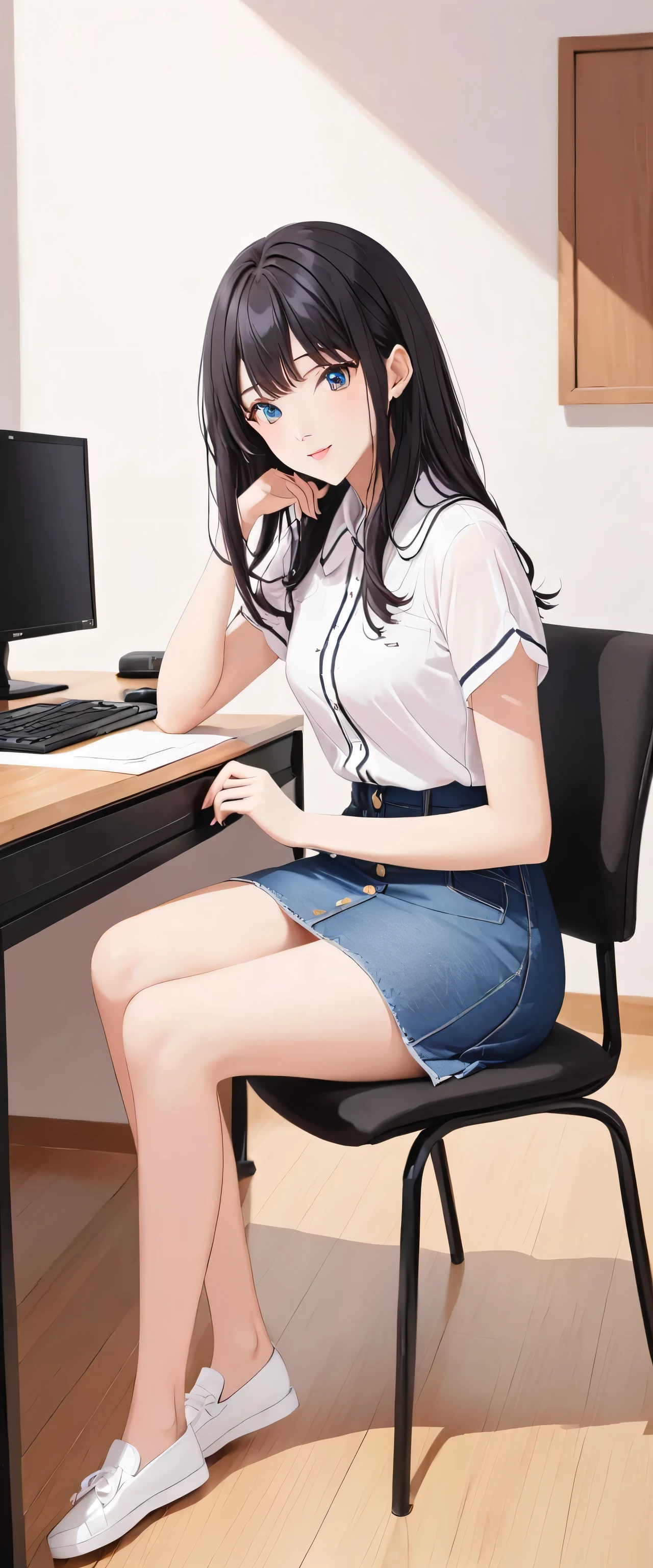 hu tao, 1girll, 独奏, ((white shirt)), black thighhigns,, 校服, office backdrop, a black skirt, pleatedskirt, office room, hair between eye, with brown eye, Flower pupils, long whitr hair, looking at viewert, brunette color hair, Short brown nails, 独奏, upper legs, long whitr hair, ((tmasterpiece)), Sat down, a chair, Study desk, Computer on the desk, name badge, ID tags, inside in room, Blushlush, sexyposture,(long twintail)),short- sleeved,