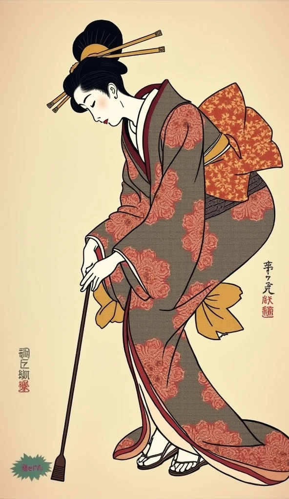 <lora:kitagawa-utamaro_pony_v2:1> ' solo' by Utamaro Kitagawa in, genre painting \(genre\),Ukiyo-e \(style\),     Standing tall before the blackboard, the new teacher captivates the room's gaze. Her attire, comprising a crisp unbuttoned satin blouse matched with a pleated skirt, is adorned with the subtle allure of (dainty stockings), adding a delicate hint of femininity to her poised authoritative stance in the classroom. She showcases her perky, protuberant femininity, unveiling long narrow calves, (a slender waist), and her softly protuberant, graceful curves with a fragile yet commanding femininity, score_9, score_6_up, score_7_up