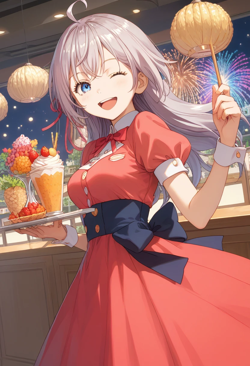 A cheerful smiling female waitress carrying a large parfait with a colorful gradient,Surprisingly large parfait, colorful gradient parfait, tray,Brown Hair,Wink,A cafe decorated,Fancy space,celebration,cracker,firework,spark,Wink, score_9, score_8_up, score_7_up, source_アニメ, masterpiece, absurdres, medium breasts ,perfect face, 1girl, cute expression, smiling, looking at viewer, standing, arched back, alisamikhailovna, Alisa Mikhailovna Kujou, long hair, bangs, Blue eyes, ahoge, gray hair, red ribbon,