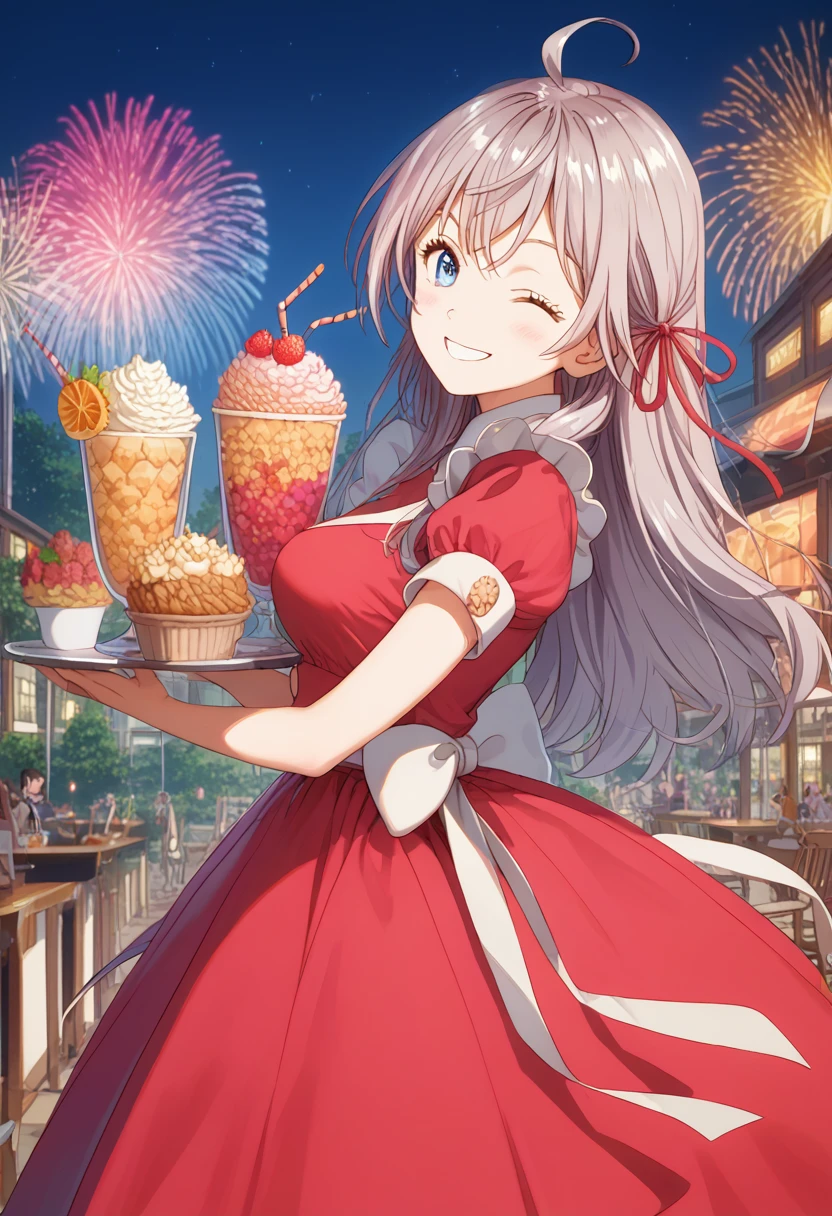 A cheerful smiling female waitress carrying a large parfait with a colorful gradient,Surprisingly large parfait, colorful gradient parfait, tray,Brown Hair,Wink,A cafe decorated,Fancy space,celebration,cracker,firework,spark,Wink, score_9, score_8_up, score_7_up, source_アニメ, masterpiece, absurdres, medium breasts ,perfect face, 1girl, cute expression, smiling, looking at viewer, standing, arched back, alisamikhailovna, Alisa Mikhailovna Kujou, long hair, bangs, Blue eyes, ahoge, gray hair, red ribbon,