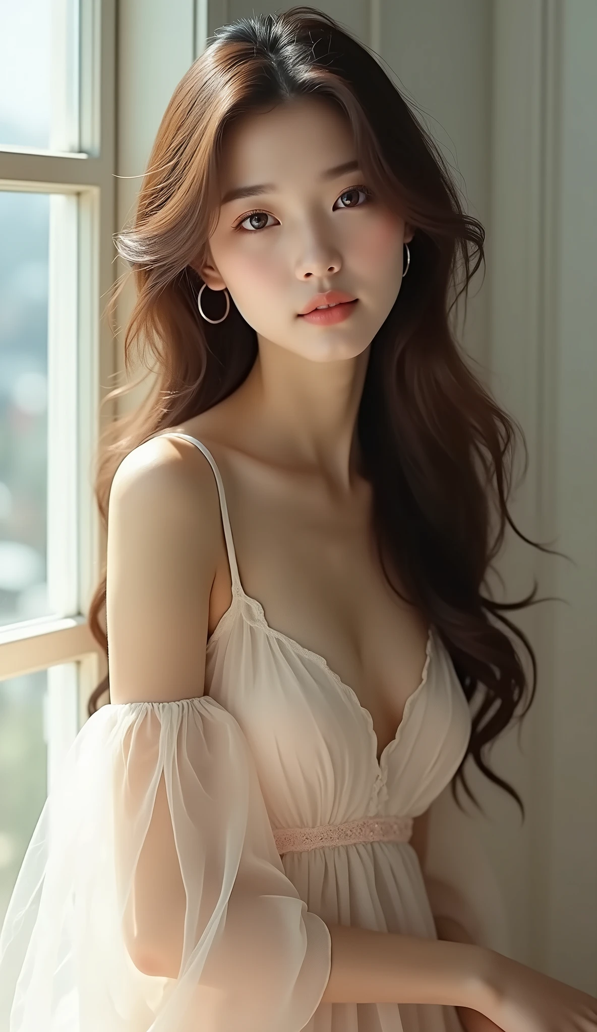 ( photorealism:1,2),beautiful woman, 18 year old measurements 90-60-100, curly hair, fine features, whithe skin