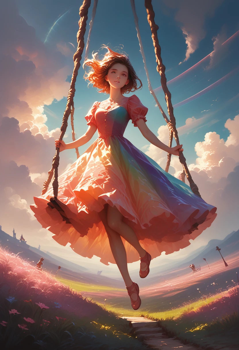 a woman in a colorful gradient dress, shiny skin, swinging on a rainbow swing, clouds in the sky, ethereal, glowing, vibrant colors, dynamic composition, fantasy, surreal, magical, whimsical, soft lighting, dreamlike, cinematic, award winning, intricate details, high quality, photorealistic, 8k, digital art, concept art