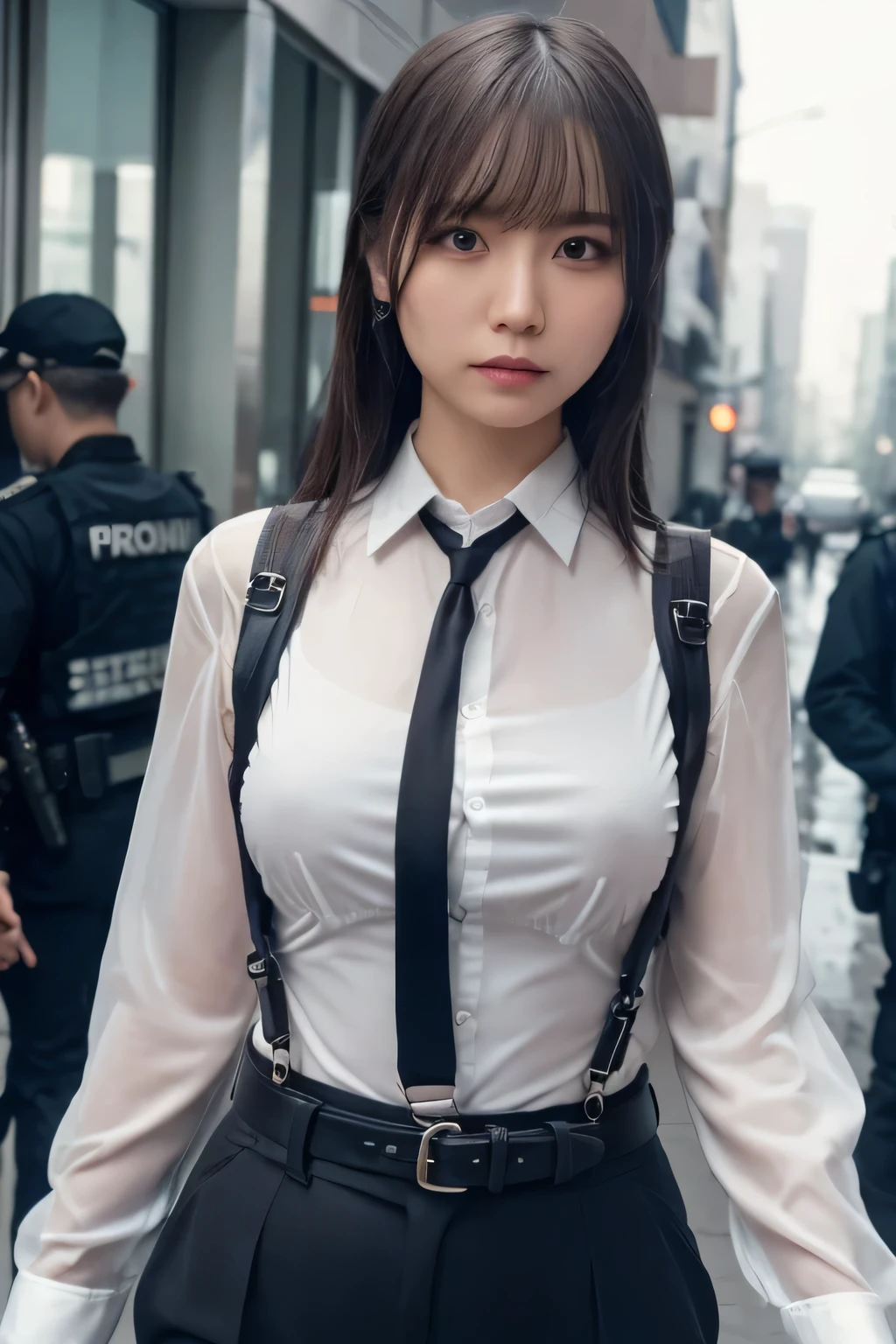 a woman in a suit, belt, hands behind back, sweating, suspenders, black pants, large breasts, see-through clothing, rain, detective, office worker, white button-up shirt, (best quality,4K,8k,highres,masterpiece:1.2),ultra-detailed,(realistic,photorealistic,photo-realistic:1.37),hyper-detailed,highly detailed face and body, Slender　thin　suspenders　Moderate breasts　See-through shirt　Nipples　holster　chain　Pistol　Armament　criminal　Female criminal　knife 　 Hands Behind Back　Constraints 程よい胸　タンクトップ
