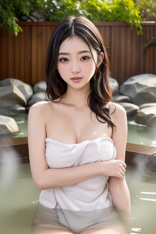 最high quality、high quality、Best image quality、8k、最High resolution、High resolution、最high quality、masterpiece、Detailed and realistic human body、Detailed and realistic skin、Detailed and realistic face、Realistic detail、Realistic lips with detailed details、Detailed and realistic teeth、Detailed and realistic ears、Detailed and realistic hair、Detailed and realistic weapons、Realistic detail、Detailed and realistic fingers、(Beautiful Hands、thumb１reference４)、Realistic feet with detailed detail、((Beautiful Japanese Girl))、(Japanese Model), (Japanese women)、((One beautiful girl))、(Black Hair)、(Random Hairstyles)、((whole body))、((Beautiful upturned breasts))、(Slim Style、Slim fit)、(whole body光沢肌、Fair skin)、White bath towel、Small bath towel、((Wrap a small bath towel around your body.))、((Her skin is visible through the wet bath towel))、(Soft natural light)、((Deep in the forest(Natural hot springs gush out))、((Hot springs surrounded by rocks))、((deep bathtub(deep hot spring))、((Onsen Girls))、((Enter the hot spring))、((Sit under the water of a hot spring:1.2))、((Soak in a hot spring:1.2))、((腰までSoak in a hot spring:1.2))、((Waist-deep in water))、((in hot spring water、Sit with your butt down))、((Woman in the water(Above the waist, Out of the water))、((A large amount of steam is rising from the water in the bathtub..))、((A hot spring filled with thick steam))、((A lot of steam rises from the hot spring....))、((Sexy pose))