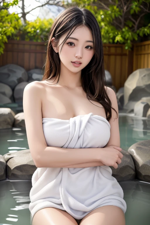 最high quality、high quality、Best image quality、8k、最High resolution、High resolution、最high quality、masterpiece、Detailed and realistic human body、Detailed and realistic skin、Detailed and realistic face、Realistic detail、Realistic lips with detailed details、Detailed and realistic teeth、Detailed and realistic ears、Detailed and realistic hair、Detailed and realistic weapons、Realistic detail、Detailed and realistic fingers、(Beautiful Hands、thumb１reference４)、Realistic feet with detailed detail、((Beautiful Japanese Girl))、(Japanese Model), (Japanese women)、((One beautiful girl))、(Black Hair)、(Random Hairstyles)、((whole body))、((Beautiful upturned breasts))、(Slim Style、Slim fit)、(whole body光沢肌、Fair skin)、White bath towel、Small bath towel、((Wrap a small bath towel around your body.))、((Her skin is visible through the wet bath towel))、(Soft natural light)、((Deep in the forest(Natural hot springs gush out))、((Hot springs surrounded by rocks))、((deep bathtub(deep hot spring))、((Onsen Girls))、((Enter the hot spring))、((Sit under the water of a hot spring:1.2))、((Soak in a hot spring:1.2))、((腰までSoak in a hot spring:1.2))、((Waist-deep in water))、((in hot spring water、Sit with your butt down))、((Woman in the water(Above the waist, Out of the water))、((A large amount of steam is rising from the water in the bathtub..))、((A hot spring filled with thick steam))、((A lot of steam rises from the hot spring....))、((Sexy pose))