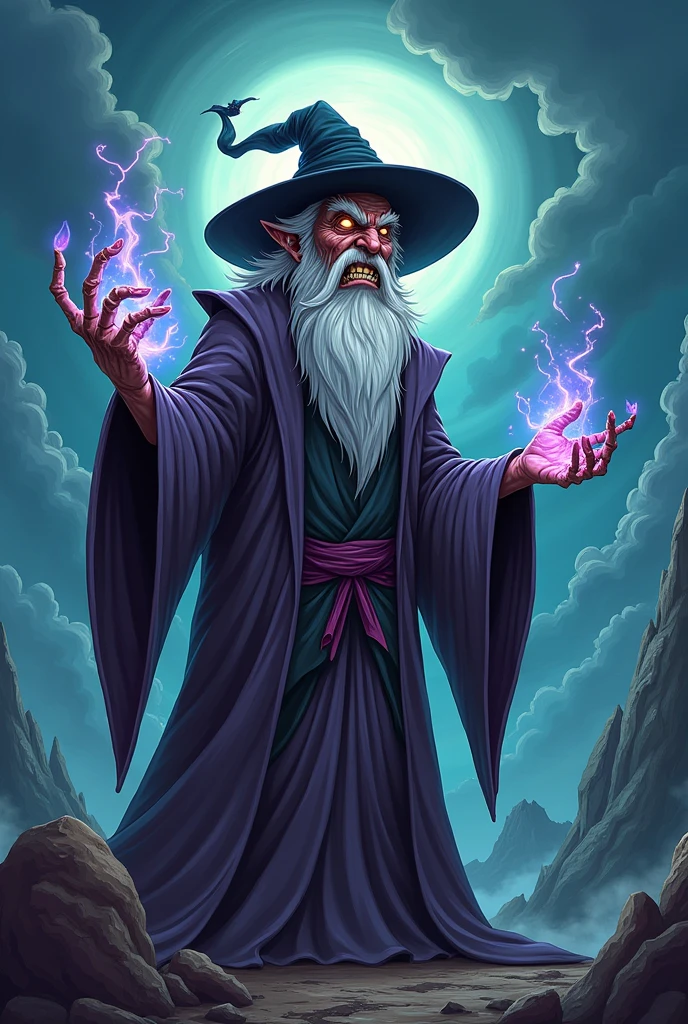 masterpiece, 8k, high res, evil wizard, black robes, style-swirlmagic, dark forest at night, white beard, red eyes, black cowboy hat, Cross necklace, green magic, <lora:more_details:1>, <lora:Grimace:1> grimace, no humans, smile, open mouth
