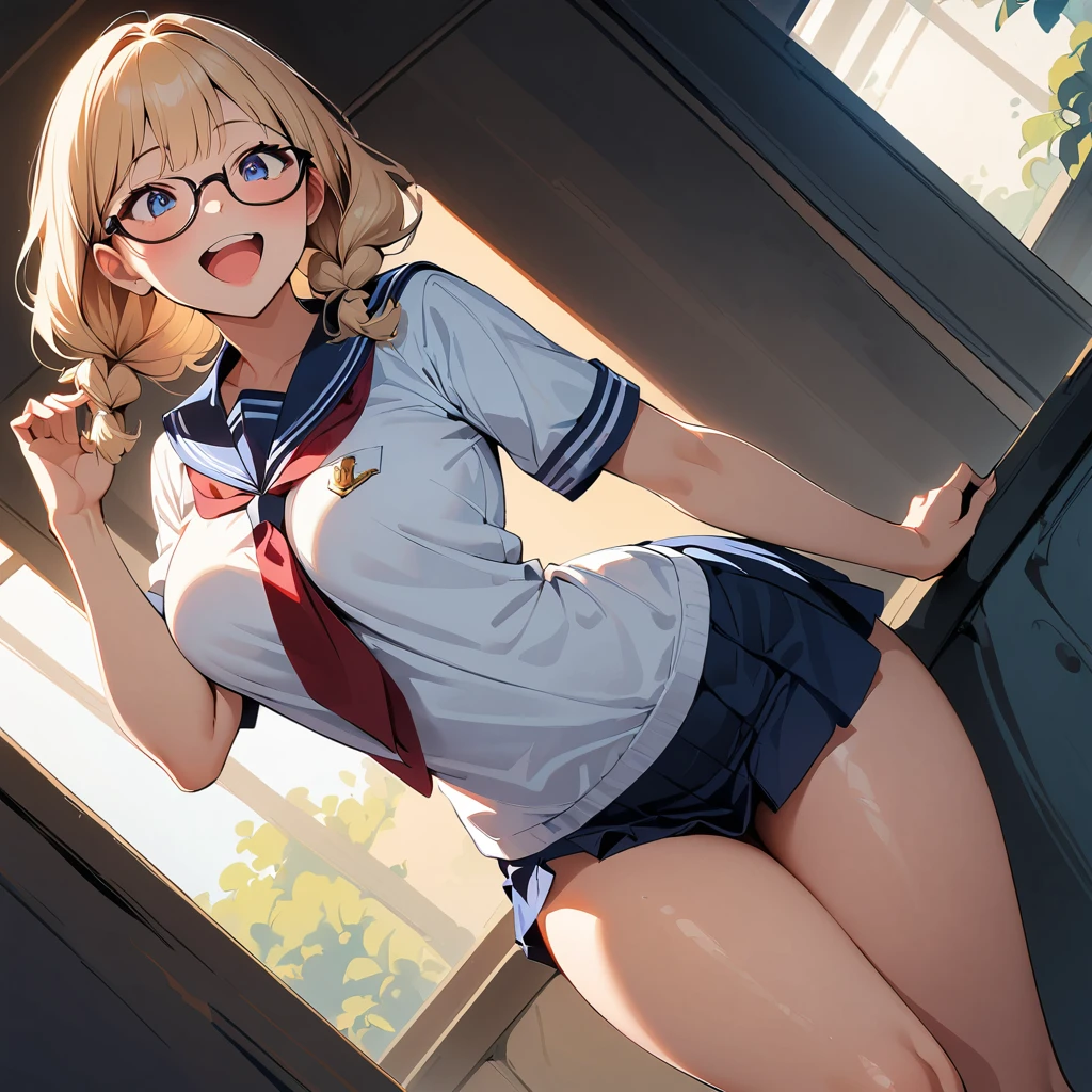 xd, Highest quality,masterpiece, 8k,Very detailed, 1 girl, (solo),  showing pubic area:, JK, thong, crop top white shirt, (sleeveless), sailor suit, cleavage, half opened mouth, smile, blonde hair, lip details, fine green eyes, double eyelid, spread legs, bedroom, Beautiful Skin, Hair pulled back, glamorous, thin thighs, (underboob:), red ribbon tie