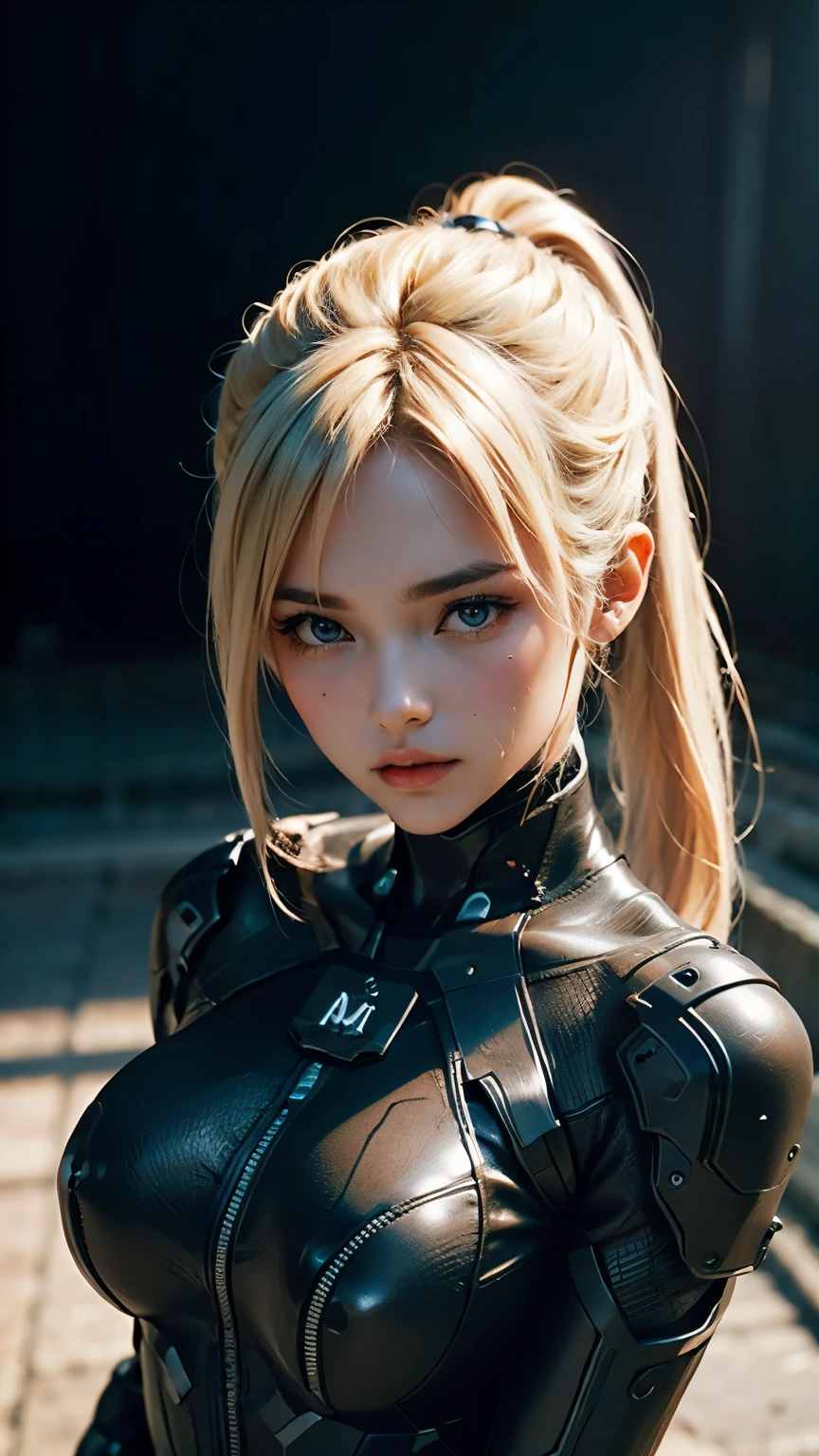 (masterpiece:1.2, Highest quality), High photorealism, Beautiful and sophisticated hairstyle, Beautiful Face, Beautiful attention to detail, Beautiful fingers, Perfect Style,One Woman, 20-year-old, Detailed lips, Sharp Eye､((Black Leather Suit､Tron Fashion､Combat-focused design,))､ ((He has an M-16 rifle on his shoulder.))､(Ruined city of the future), (Blonde ponytail:1.5 Neon:1.2), bad woman ,look at me with cold eyes､ (A composition looking down on the subject from above:1.2)