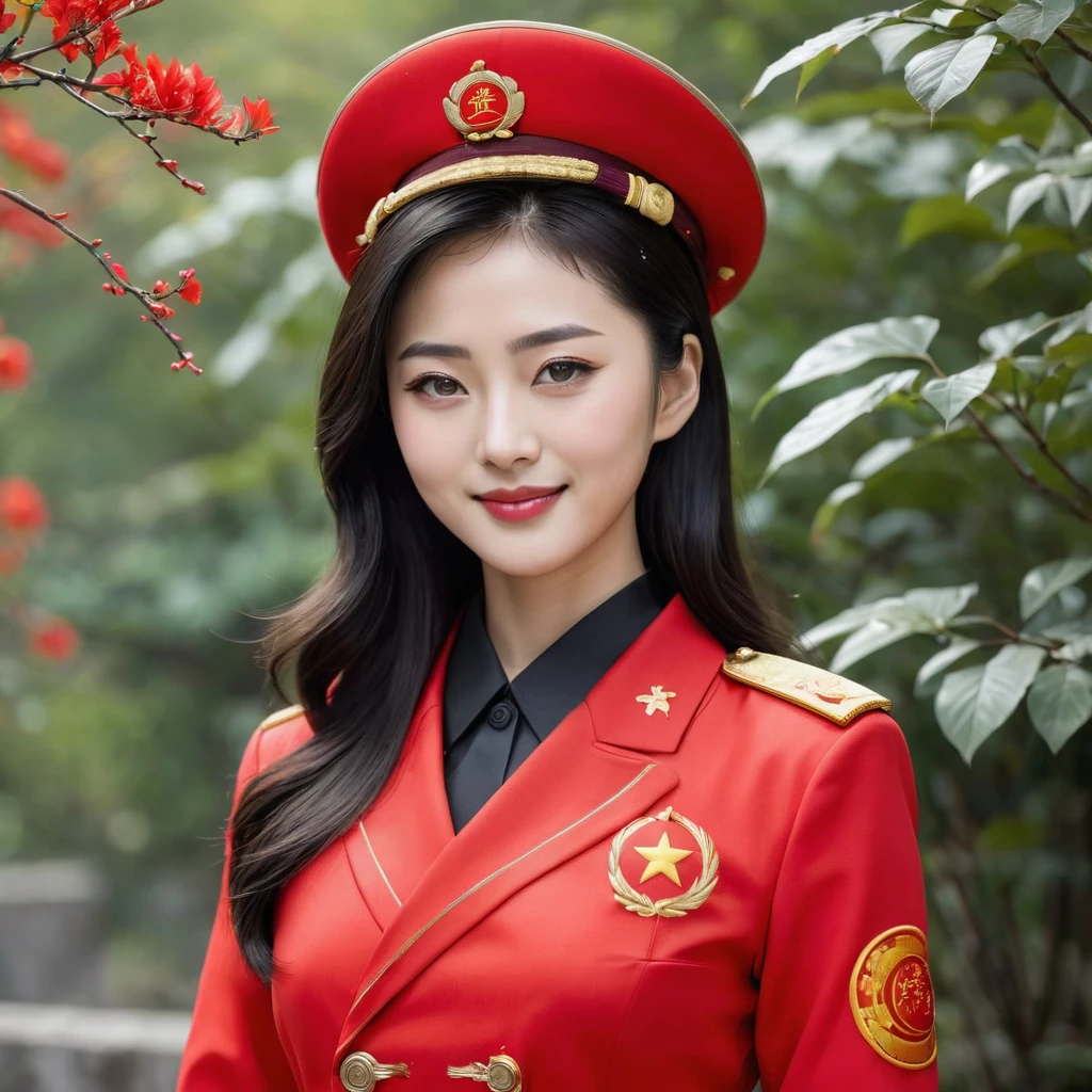 ((Highest quality)), ((masterpiece)), (detailed), （Perfect Face）、The woman smiling gently is Satomi Ishihara. She has black hair and is wearing a gorgeous, beautiful custom-made red Communist uniform. She has become a member of the Chinese Communist Party, a woman for China, and has sworn loyalty to the country.、The woman was honored to be selected into a select group of beautiful female members of the Chinese Communist Party.、The women were publicly acclaimed as the most beautiful women&#39;s group in the world by the Chinese Communist Party at the Communist Party meeting.々The exhibition showed the world the greatness of China.