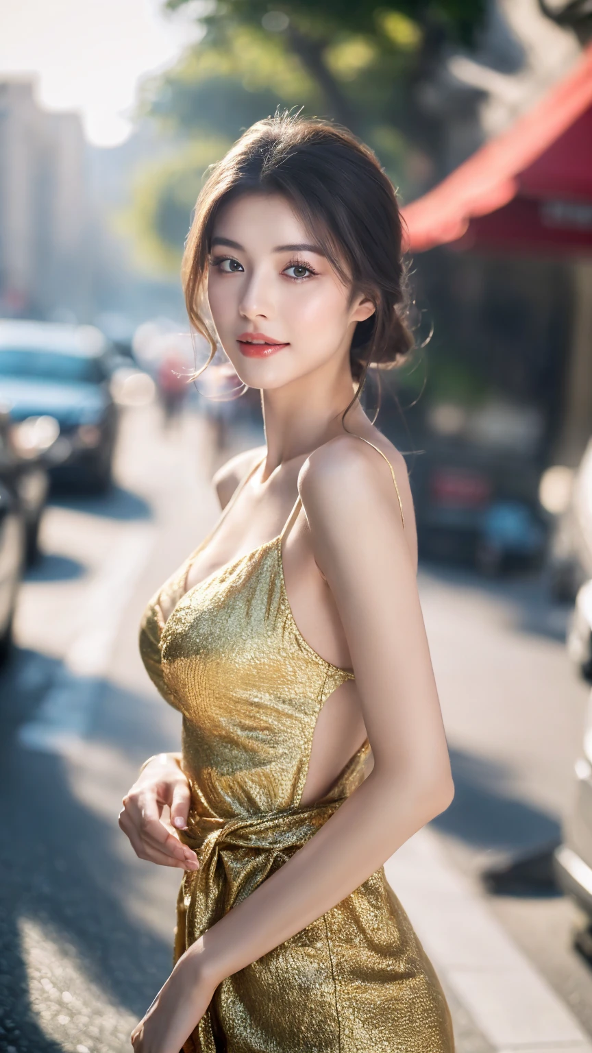 ((Best quality, 8k, masterpiece:1.3))，1girl，18 years old，Asian，Real texture:1.3，(Background blur:1.1)，Dress Up，Tall and slender figure:1.2，(Hot summer weather)，（street:1.3），Highly detailed face and skin textures，Exquisite eyes，Long eyelashes，Double eyelids，Skin Whitening，happy，Various postures，Breast