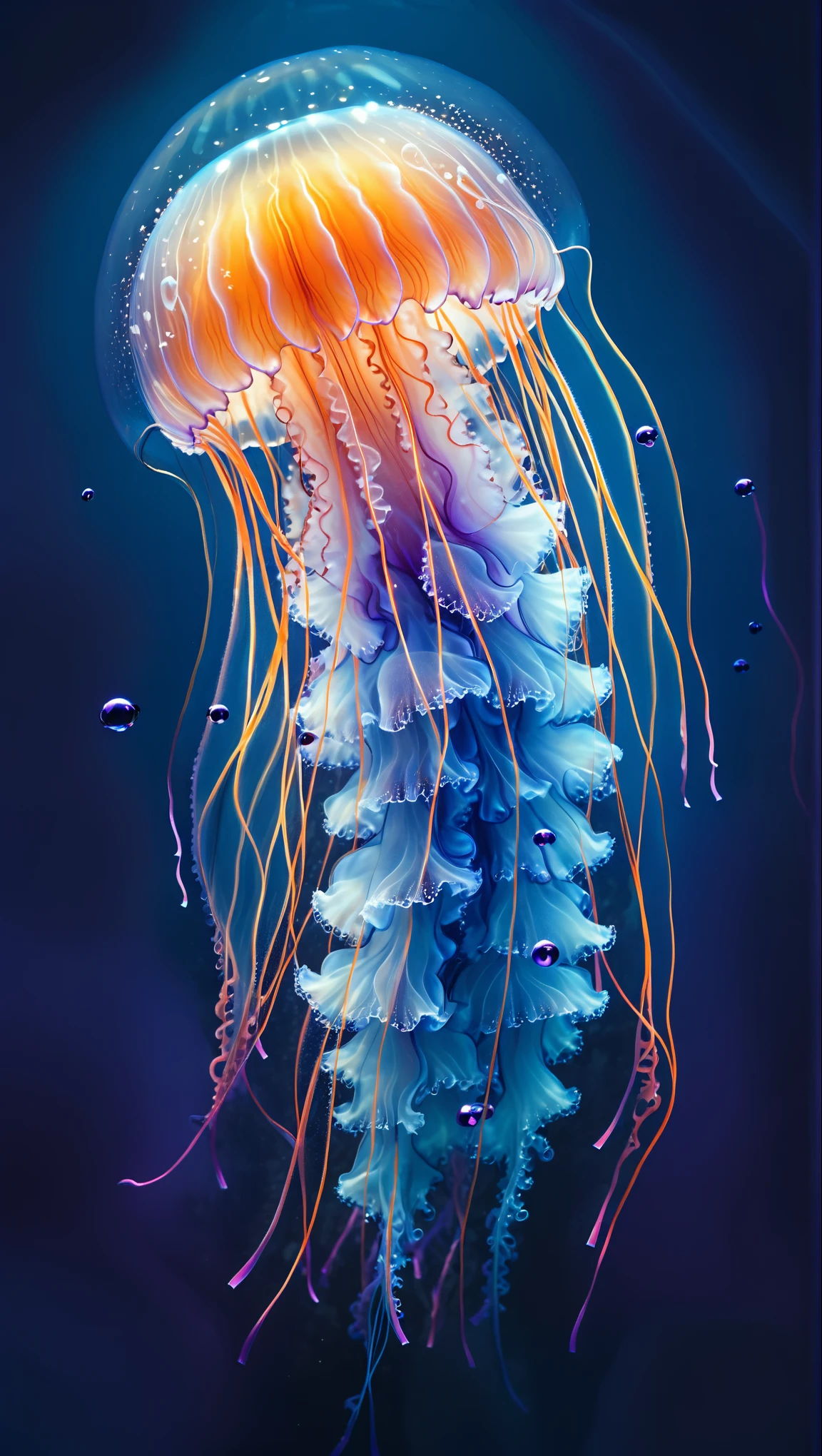 A "realistic" digital artwork depicting an ethereal jellyfish set against a deep navy blue underwater background, creating a mysterious and serene mood. The jellyfish dominates the center of the image, with its translucent bell featuring a vibrant gradient from orange-red at the top to deep blue at the bottom, highlighted by intense white lights. The bell is crowned with a delicate, semi-transparent halo, creating a glowing effect. The jellyfish's frilled tentacles are glowing in neon orange and soft pink, with intricate, flowing patterns. The central part of the jellyfish's frill transitions from light blue at the bottom to sky blue and then to vivid orange at the top, creating a mesmerizing visual effect. The tentacles are long and slender, some transitioning from orange to pink and purple, adding depth and movement to the image. The frill itself has a textured, fuzzy appearance, with fine, hair-like structures creating a swirling effect. Small bubbles of varying sizes float around the jellyfish, enhancing the underwater atmosphere and adding depth to the scene. The background features subtle light gradients and faint, smaller bubbles, maintaining focus on the central subject. The overall composition is vertical, emphasizing the verticality of the jellyfish and its majestic presence in this captivating underwater scene,,