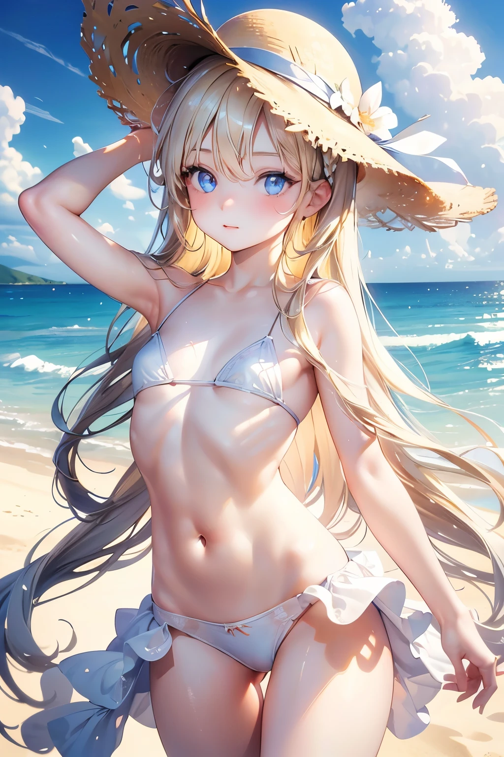 do,Highest quality,Very detailed,Beautiful girl lying on a beautiful sandy beach, teenager,Long blonde hair,Beautiful and detailed eyes,skinny,Small breasts,White Bikini, full body,Dynamic,Straw hat