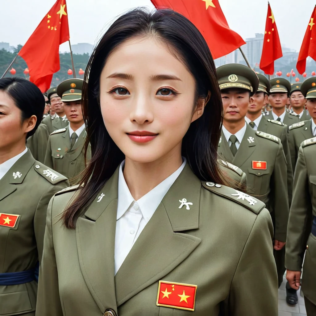 ((Highest quality)), ((masterpiece)), (detailed), （Perfect Face）、The woman is Satomi Ishihara, with black hair, wearing a khaki Mao suit, and has become a member of the Chinese Communist Party, a woman for China, and swears loyalty to the country.、The women love China and are proud to serve it. They are proud to be part of the patriots who stand united in unity for the great China, standing proudly in line and smiling kindly.