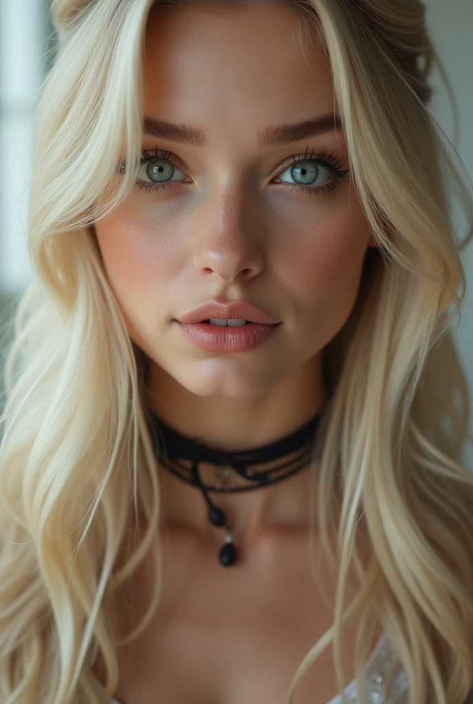 good quality, best quality, photo-realisti, Rohfoto, realisti, ultra realisti 8k cg, ultradetailed, High resolution, masterpiece, 1 girl, 19 years old, long gold blonde hair, bangs, blue eyes, detailed face and eyes, close up shot, Intricate detailing, detailed texture, delicate detailed, kurzes Latex-Top, Jewelry around the neck, medium breasts