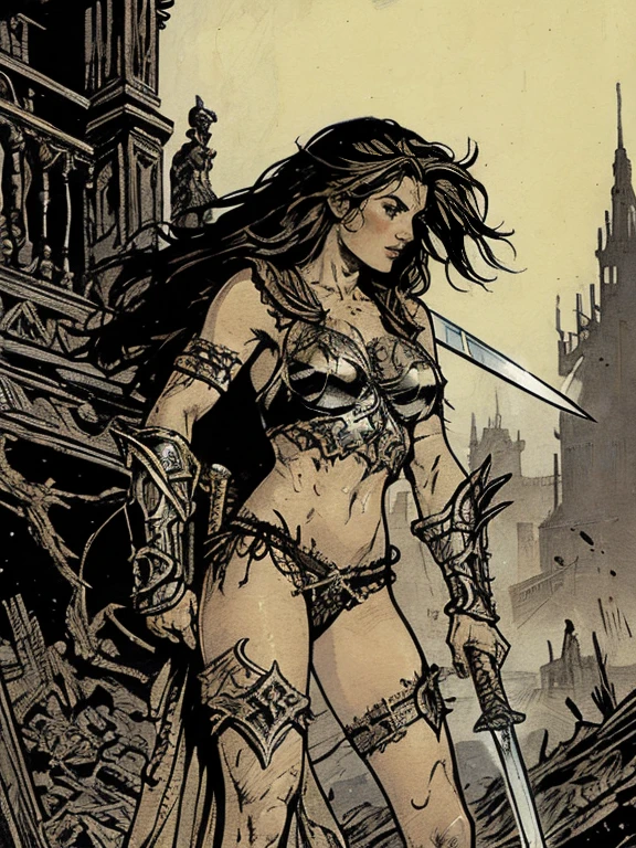 a painting of a woman with a sword and armor on her chest, style of luis royo, hyperrealistic luis royo, in style of luis royo, by Luis Royo, luis royo and alex ebel, hyperrealistic photo luis royo, adrian smith fantasy art, high fantasy. royo, inspired by Luis Royo, barbarian warrior woman, luis royo and greg rutkowski