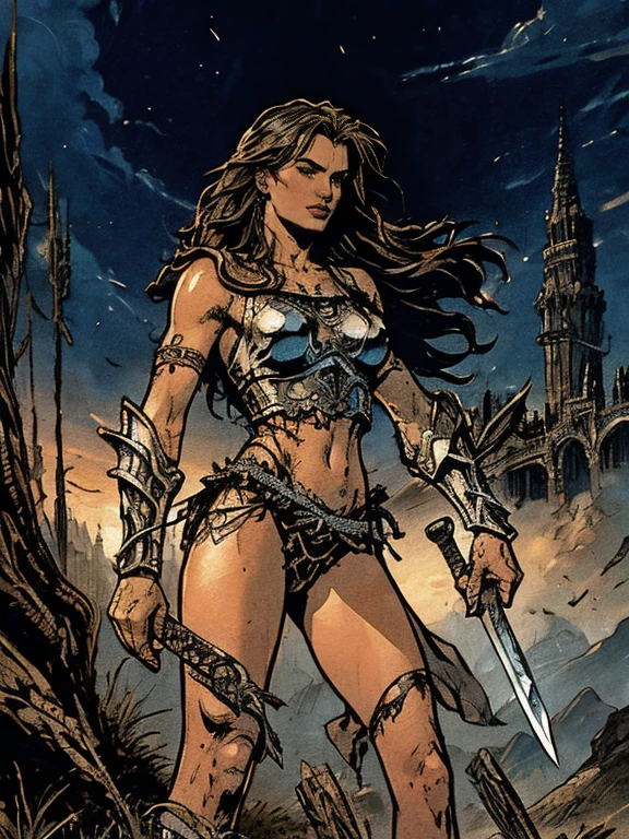 a painting of a woman with a sword and armor on her chest, style of luis royo, hyperrealistic luis royo, in style of luis royo, by Luis Royo, luis royo and alex ebel, hyperrealistic photo luis royo, adrian smith fantasy art, high fantasy. royo, inspired by Luis Royo, barbarian warrior woman, luis royo and greg rutkowski