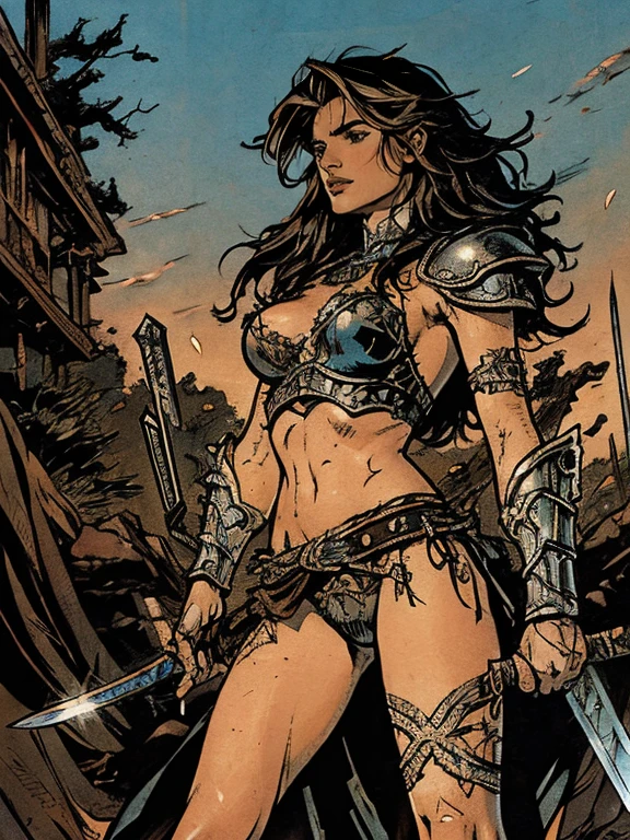 a painting of a woman with a sword and armor on her chest, style of luis royo, hyperrealistic luis royo, in style of luis royo, by Luis Royo, luis royo and alex ebel, hyperrealistic photo luis royo, adrian smith fantasy art, high fantasy. royo, inspired by Luis Royo, barbarian warrior woman, luis royo and greg rutkowski