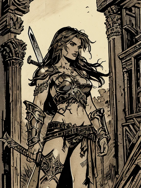 a painting of a woman with a sword and armor on her chest, style of luis royo, hyperrealistic luis royo, in style of luis royo, by Luis Royo, luis royo and alex ebel, hyperrealistic photo luis royo, adrian smith fantasy art, high fantasy. royo, inspired by Luis Royo, barbarian warrior woman, luis royo and greg rutkowski