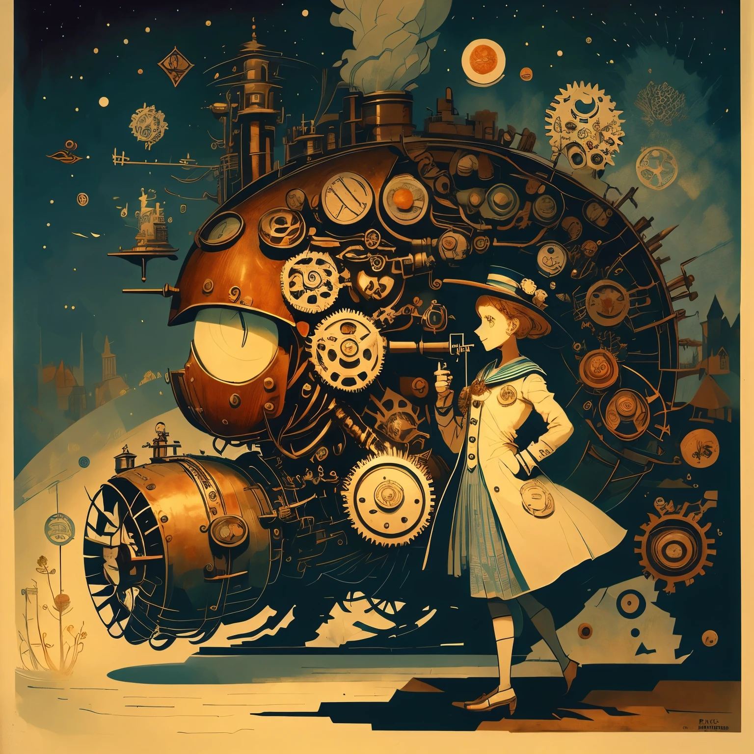 2 girl, round face, smile, sailor uniform, white-coat, chemistry experiment, laboratory, Smoke drifts, gears, machinery, cute action, paul-klee: abstract style, George Barbier: Art-Déco style, Marc Chagall style, steampunk