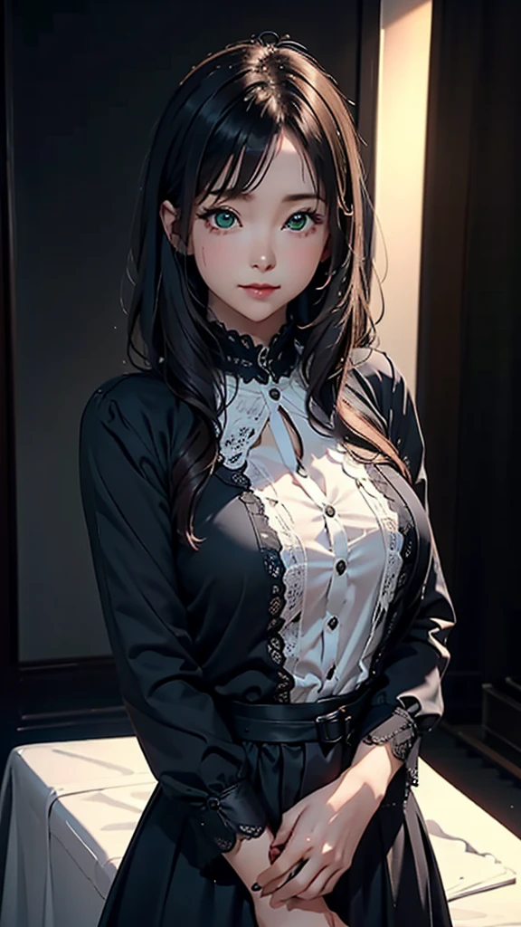 ((masterpiece, Highest quality)),Best aesthetics,One girl, alone, Long Hair, Black Dress, flower, Click the, Black Background, Black Hair, Rose, hair Click the, Green Eyes, Long sleeve, white Rose, Mouth closed, black Click the, Upper Body, Cinematic Lighting