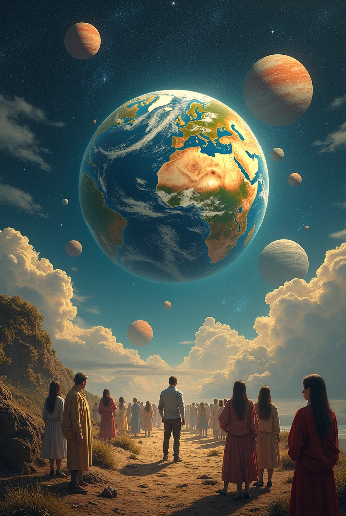 Never ending world peace painting　A picture of people, animals and plants emerging from a globe-shaped idiot